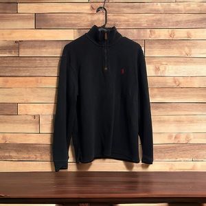 Vintage Polo Ralph Lauren Quarter Zipper Leather Red Pony Black Sweater Men's S